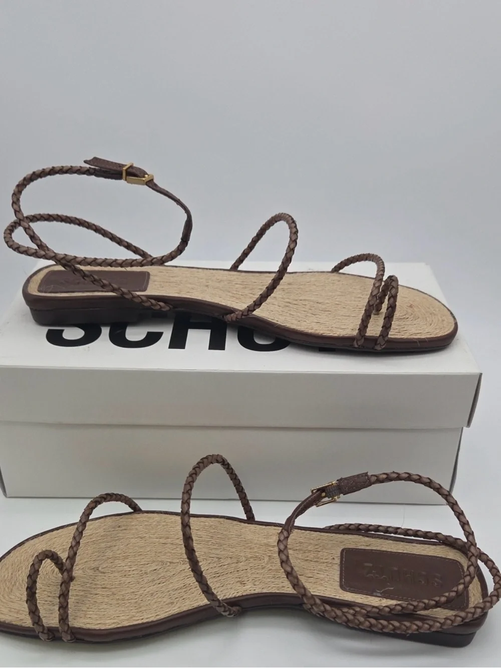 Schutz Kaya Straw Flat Sandals Brown Braided Leather NIB Size 9.5